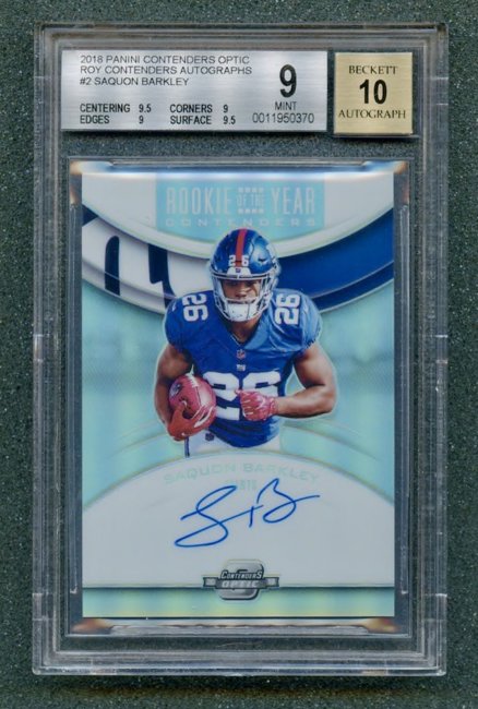 2018 Panini Contenders Optic Rookie of the Year Contenders Autographs Blue #2 Saquon Barkley/25 BGS 9/10 (POP 3)